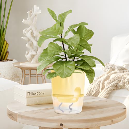 ZXJ 5.5 Inch Self Watering Planter Pots for Indoor Plants - African Violet Pots with Wick Rope - Yellow