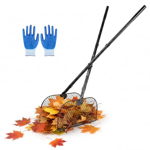 Leaf Grabber Rake with Long Handle, Lightweight Leaf Picker Upper, Yard Rake Leaves Grabber Set with Nitrile Coated Work Gloves for Collecting Fallen Leaves and Debris from Lawns & Courtyards