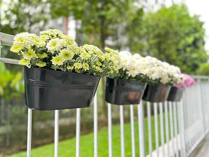 LaLaGreen Outdoor Plants Rail Planter (11.2 Inch, 8 Pack) Black Metal Iron Hanging Flower Pots Deck Railings Fence Buckets Modern Garden Boho Style Wall Mount Window Box Plant Holder Hooks Porch Decor - size: 11.2" (28cm) x 8 Pack