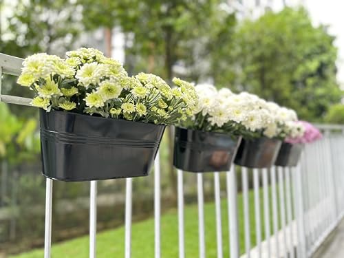 LaLaGreen Outdoor Plants Rail Planter (11.2 Inch, 10 Pack) Black Metal Iron Hanging Flower Pots Deck Railings Fence Buckets Modern Boho Style Wall Mount Window Box Plant Holder Hooks Porch Home Decor - size: 11.2" (28 cm) x 10 Pack