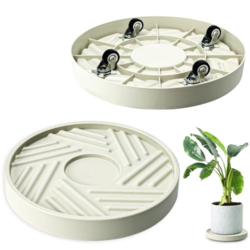 REDHUGO 2PCS Round Plant Caddy with Hidden Wheels, Heavy Duty Rolling Plant Stand Caddy with Wheels, Pot Base for Indoor Outdoor, Beige, 14 inches - color: Beige, size: 14 inches