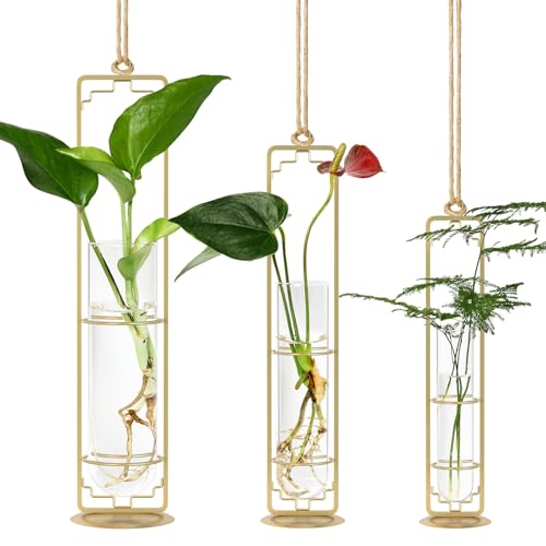 MIPON Metal Hanging Plant Propagation Station,3 Size Glass Test Tube Hydroponic Planter,Boho Wall Hanging Plant Cuttings Holder,Indoor Water Plant Terrarium Tubes for Home Office Window Decor-Gold - color: Gold