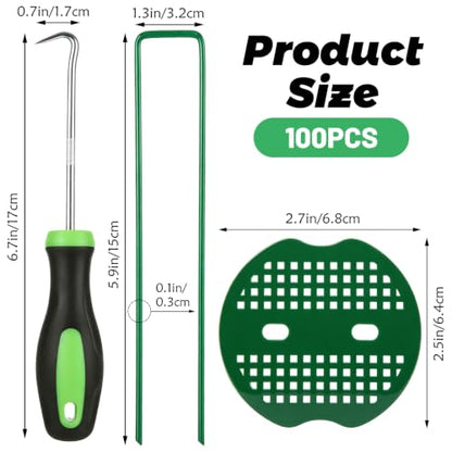 DAJAVE 100 Pack Green Landscape Staples, 6 Inch U Shaped Garden Stakes with 100 Washers and Pick Hook, 11 Gauge Galvanized Ground Landscape Pins for Weed Barrier, Landscape Fabric, Sod, Turf, Yard