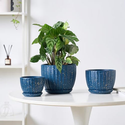 4/5/6 Inches Ceramic Plant Pots with Drainage Holes and Saucer Set of 3 - color: Blue With Dot-big Size