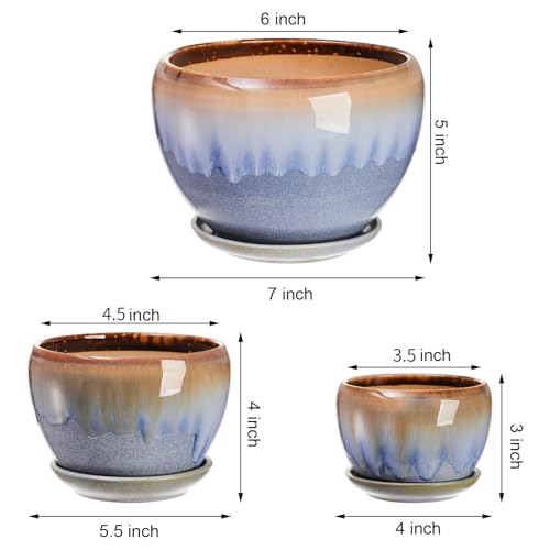 AVLA 3 Pack Ceramic Plant Pots, Gardening Drip Glazed Planters, Decorative Flower Pot with Drainage Hole and Saucer, Round Rustic Houseplant Container for Succulent Herbs Cactus Orchid, Home Office