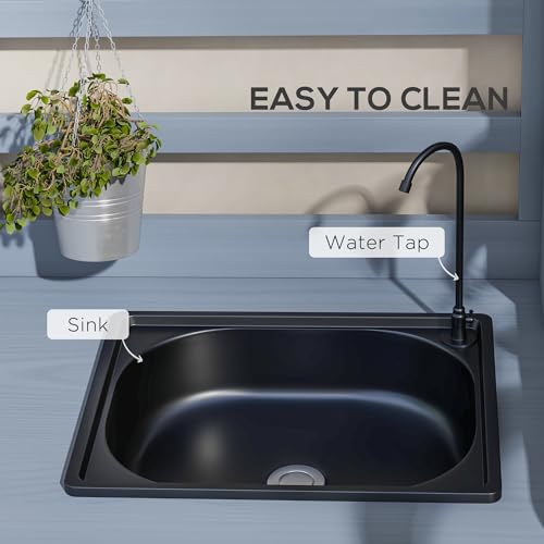 Wooden Potting Bench, Outdoor Potting Table with Storage Cabinet, Storage Shelves, Sink, Water Tap, Wood Table Top for Backyard, Patio, Balcony, Gray