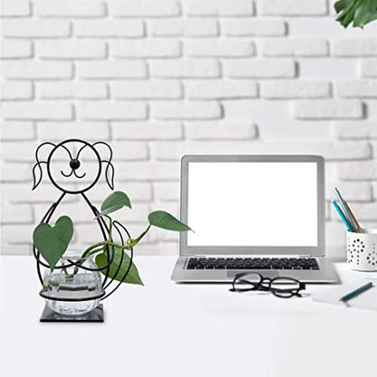 Desktop Dog Glass Planter Vase Holder Metal Plant Terrarium Stand - color: Dog