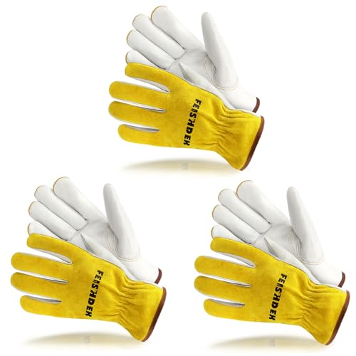 Leather Work Gloves, Puncture Proof Garden Gloves for Women, Heavy Duty Safety Working Gloves for Men - color: Yellow+white-3 Pairs, size: Large
