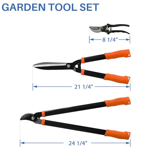 ECOOPTS 3PCS Garden Tool Set with Lopper, Hedge Shears and Bypass Pruner, Heavy Duty Tree & Shrub Care Kit, Tree Trimmer Gardening Tools for Indoor & Outdoor Gardening