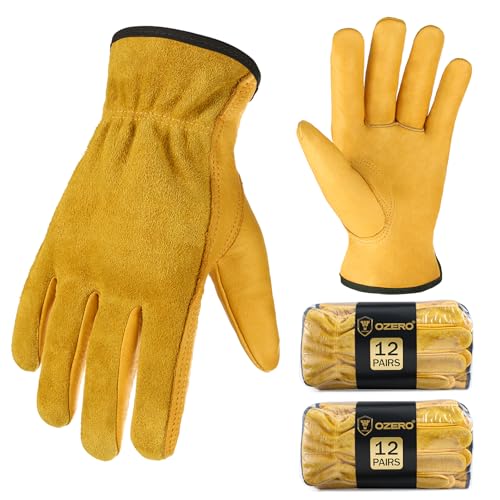 OZERO Leather Gardening Gloves for Men, EN388, 24 Pairs Bulk, Gold, X-Large - color: Gold(24 Pair), size: X-Large