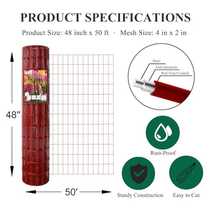 Red PVC Coated Welded Wire Fence 48" x 50' Roll, 2"x4" Mesh, 14 Gauge - color: Red, size: 2''x4'' 14GA 48''x50'