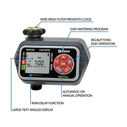 Eden 93411 1-Zone Digital Water Timer with LCD Display - Programmable Sprinkler System Manual Watering Rain Delay and Moisture Sensor Compatibility - size: 1 Zone