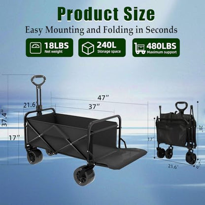 Collapsible Wagon Cart Foldable with Tailgate, 240L 480lbs Capacity, Heavy Duty Beach Wagon with Wheels Brake, Shopping Carts for Grocery, Camping, Garden Cart