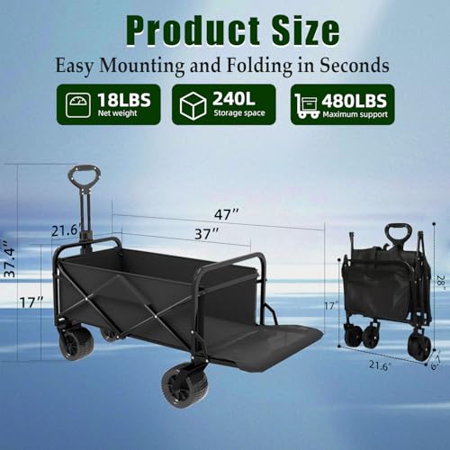 Collapsible Wagon Cart Foldable with Tailgate, 240L 480lbs Capacity, Heavy Duty Beach Wagon with Wheels Brake, Shopping Carts for Grocery, Camping, Garden Cart