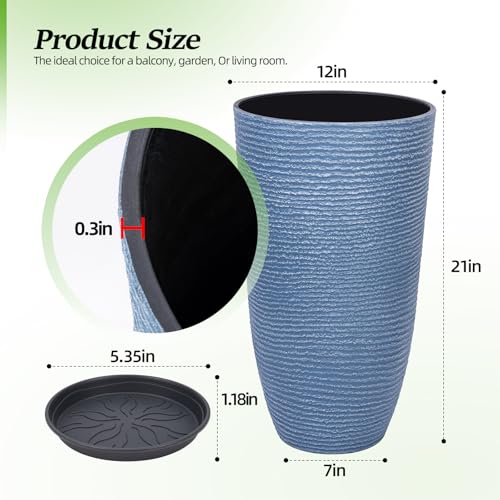QCQHDU Set of 2 9 Gallon Tall Large planters for Outdoor/Indoor Plants of 12" Dia x 21" H Round Flower Pots Set Faux Stone Finish Front Door Patio Square Porch Planters with Tray, Sky Blue - color: Sky Blue