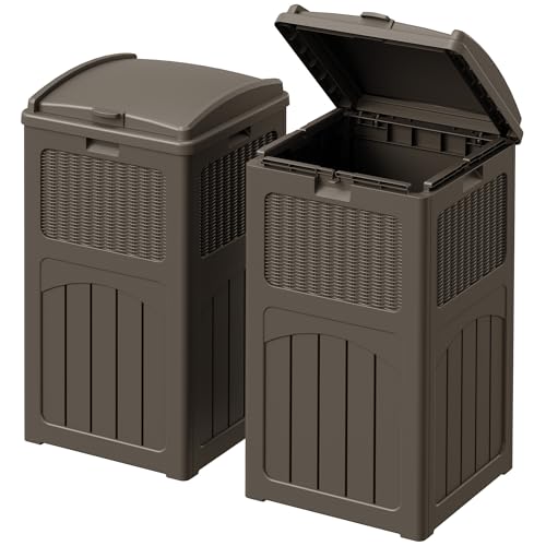 Devoko 33 Gallon Outdoor Trash Can with Dual Lid, Hideaway Garbage Bins,2Pc - color: Deep Brown, size: 2 Pack