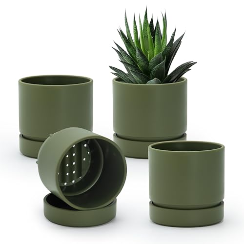 Phoenix Vine 4 Inch Planter Pot with Drainage Hole & Saucer, Deep Water Catch Tray, Straight Cylindrical Round Pot for Plants, Olive, Pack of 4, 23-D-R-4 - color: Olive, size: 4" (4 Pack)