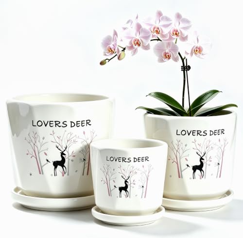 Lovers Deer Ceramic Plant Pots Set of 3, Modern Nordic Planters with Drainage Hole and Saucer, Decorative Flower Pot for Indoor Houseplants, Christmas & New Year Home Decor - color: Lovers Deer
