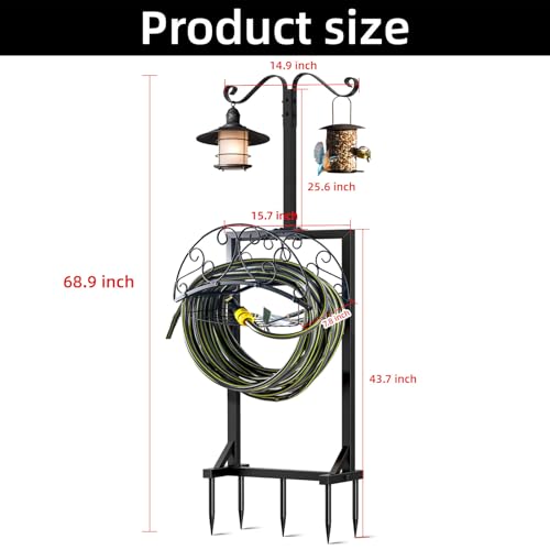 Garden Hose Holder, Upgraded Water Hose Holders with 5 Spikes & 2 Shepherds Hooks, Heavy Duty Metal Hose Stand Sturdy Freestanding Hose Hanger, Detachable Storage Rack, for Outside Yard Lawn