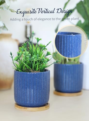 4 Inch Cylinder Ceramic Plant Pots with Trays, Blue, Set of 4 - color: Blue(4inch)