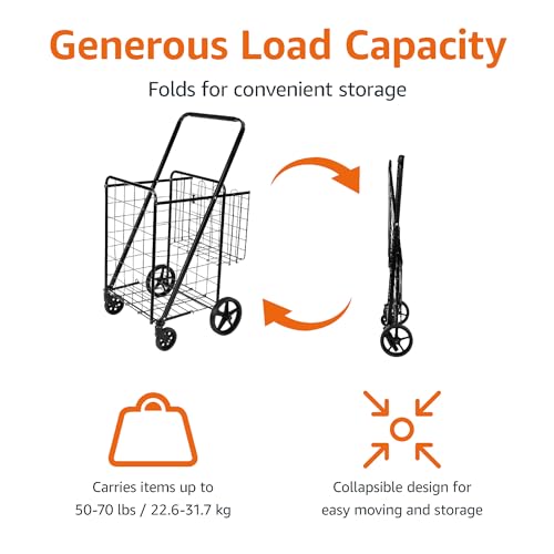 Amazon Basics Foldable Collapsible Shopping Utility Cart with 360-Degree Wheels, Multi-Functional for Sports, Easy Assembly, X-Large, Black