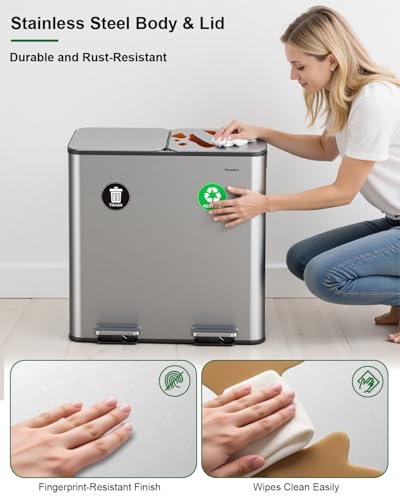 Lovewind 2×11.5 Gallon Dual Trash Can, Stainless Steel Dual Garbage and Recycling Can with Foot Pedal, 90° Stay-Open Lid, Pet-Proof Design – Large Dual Compartment Trash Recycling Bins Kitchen, Silver - color: Silver, size: 23 Gallon