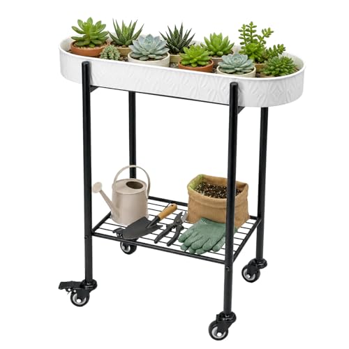 Growsun Metal Rolling Succulent Plant Stand with Drainage Holes, Nursery Pots, Wheels, and Lower Storage Shelf, Indoor Outdoor Plant Cart (White, Small) - color: White, size: Small