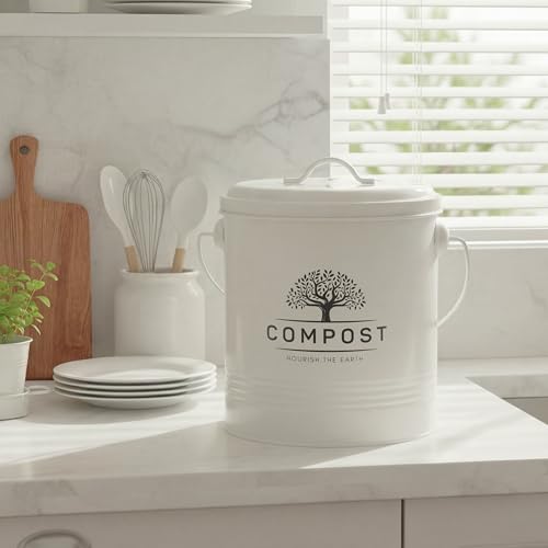 Perfnique 1.3 Gal Kitchen Compost Bin with Lid, Countertop Compost Caddy - color: cream, style: without bags