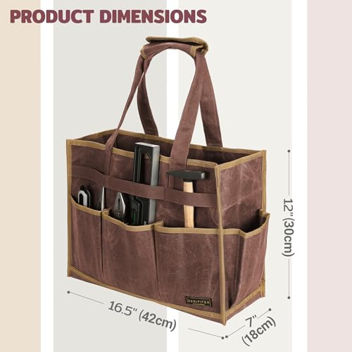 Tool Bag, Heavy Duty 16oz Waxed Canvas Water-Resistant Tool Pouches, Tool Tote with Handle for Tools, Wrenches, Screwdrivers (16.5 X 7 X 12 inch) | Brown - color: Brown