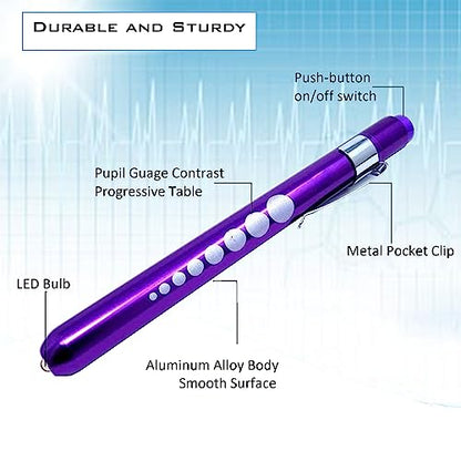 5pc Bandage Scissors 5.5", Stitch Scissors 4.5", Hemostat 5.5" Straight & Curved, Diagnostic Penlight Made of Premium Quality Stainless Steel - For Training Emergency Supplies & First Aid Kit (Purple) - color: Purple