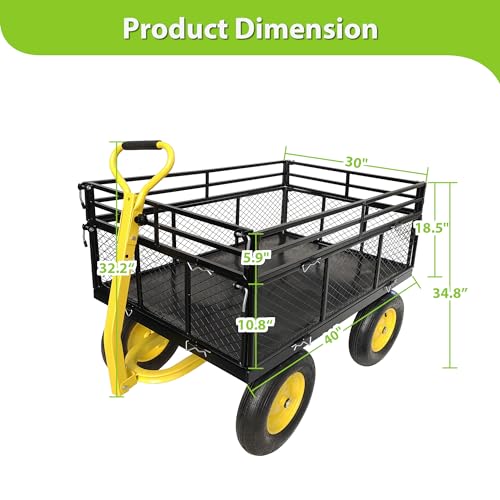 KEIKI 1400 lb Steel Garden Cart with Removable Mesh Sides, Heavy Duty Utility Wagon Convertible Flatbed, 16 in Pneumatic Tires, 2-in-1 Handle Tow Behind or Pull for Yard, Farm, Lawn - color: Yellow