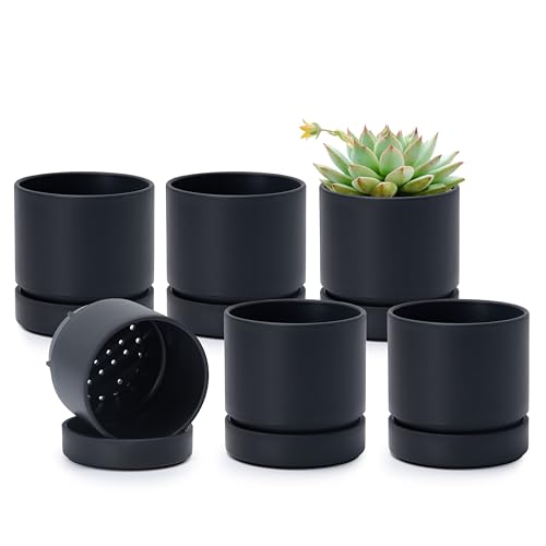 Phoenix Vine 4 Inch Planter Pot with Drainage Hole & Saucer, Deep Water Catch Tray, Straight Cylindrical Round Pot for Plants, Matte Black, Pack of 6, 23-C-R-6 - color: Matte Black, size: 4" (6 Pack)