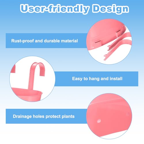uxcell Rail Planter for Outdoor Plants, 4 Pcs 11" Iron Wall Hanging Planters Fence Railing Balcony Planters with Drainage Holes and Detachable Hooks, Pink - color: Pink