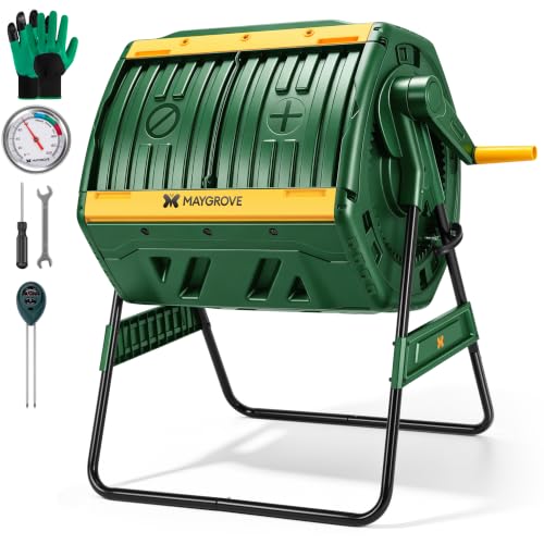 MAYGROVE Outdoor Compost Bin 53 Gallon Dual Chamber Composting Tumbler - color: Green, size: 53 Gallon