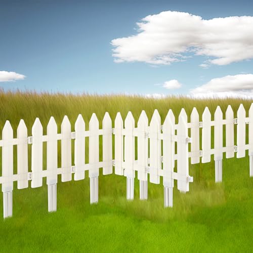 24 Pack White Garden Fence with 24 Insert Lawn Picket Fence Garden Border Decorative Plastic Panels for Landscape Path Flowerbeds Plant Yard, 6.69'' L x 7.87'' H