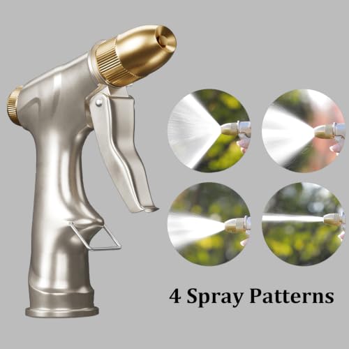 100% Metal Heavy Duty Garden Hose Nozzle with Brass Nozzle with 4 Patterns - color: Silver Gray