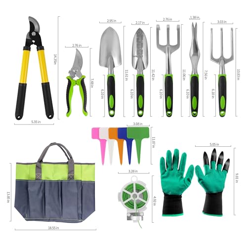 41-Piece Premium Gardening Tool Set, Stainless Steel Heavy Duty Gardening Tool Kit, with Non-Slip Rubber Grip, Storage Tote Bag, Outdoor Hand Tools, Ideal Gardening Gifts for All (Green/Grey)