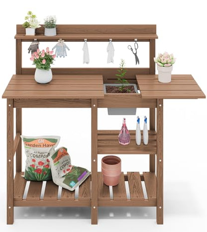 SERWALL Outdoor Potting Bench with Removable Sink,Gardening Table,Brown - color: Brown, size: Classic