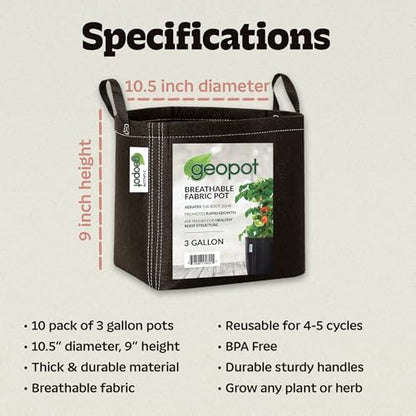 GeoPot 3 Gallon Fabric Grow Bags with Handles for Vegetables, Houseplants, Herbs & Flowers | 10-Pack | Fabric Pots for Outdoors and Indoors, Aerated Fabric Grow Bags - size: 3 Gallon (10-Pack), style: With Handles