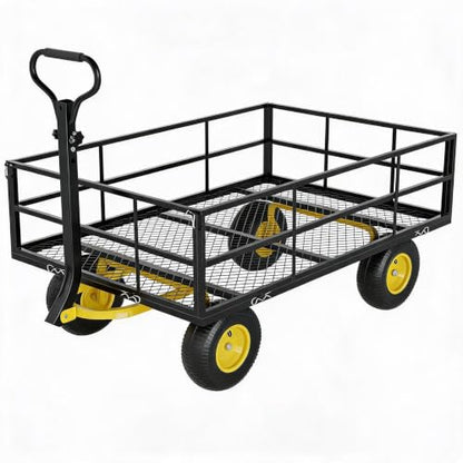 Steel Garden Cart on Wheels, 1200 Lbs Heavy Duty Yard Utility Wagon with Removable Mesh Sides, All Terrain Pneumatic Tires, Durable Metal Frame for Lawn, Garden, Farm - Black Yellow - color: Black+yellow, size: 1200LBS