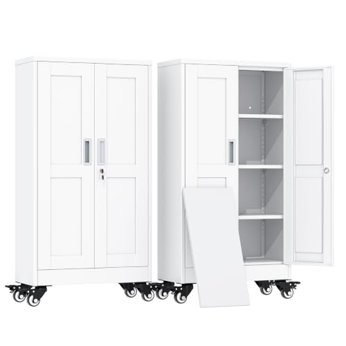 erosoei 45.6"H Metal Garage Storage Cabinet, Rolling Tool Cabinet with 2 Doors and Wheels, Locker Steel Cabinet with 3 Adjustable Shelves, Organization Cabinet for Garage,Office,Home,Gym,School（White） - color: White, size: 45.6"-CasLck