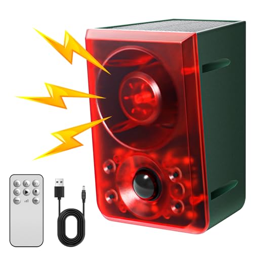 Solar Outdoor Motion Sensor Alarm - Dog Barking & Gunshot Sound, Support Recording and Volume Adjustment, 130dB Noise with Flashing Light to Deter Raccoon, Deer, Skunk, Bear, Coyote