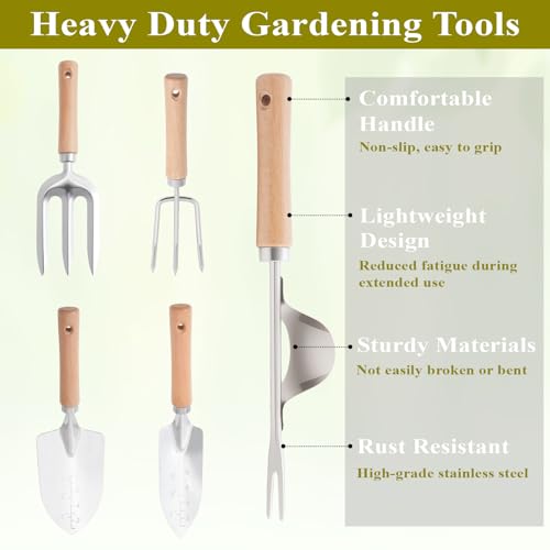 15-Piece Garden Tool Set for Women, Heavy Duty Gardening Kit with Floral Garden Bag, Steel Garden Hand Tools, Plant Labels, Gloves, Gardening Gift Basket for Men Gardeners Plant Lovers, Green