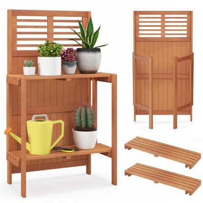 Foldable Potting Bench for Small Spaces, 25" Compact Wooden Garden Workstation with 2-Tier Storage Shelves, Outdoor Plant Table Garden Furniture Deck Plant Table for Patio Balcony Deck, Easy Assembly