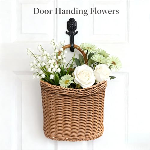 Woven Hanging Wicker Basket for Front Door, Handmade Rattan Hanging Wall Baskets for Garden Farmhouse Home