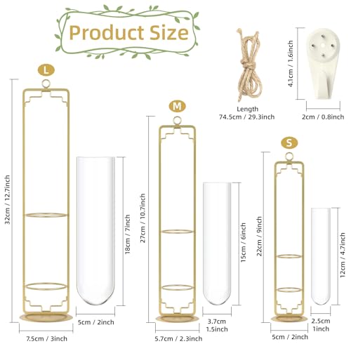 MIPON Metal Hanging Plant Propagation Station,3 Size Glass Test Tube Hydroponic Planter,Boho Wall Hanging Plant Cuttings Holder,Indoor Water Plant Terrarium Tubes for Home Office Window Decor-Gold - color: Gold