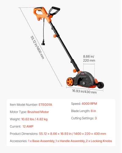 VEVOR Lawn Edger, 8-inch Blade Length, 12 Amp Electric Edger Lawn Tool, 4000 RPM, with 3-Position Blade Depth, 65 Mn, Pivoting Handle, Dual Wheels, for Lawns, Driveways, Yards, and Sidewalk Edges - size: 8 inches