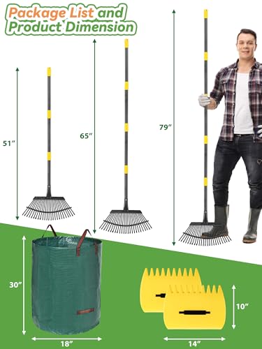 Garden Rake Set for Leaves Lawns, 3-in-1 Gardening Tools Kit with 25 Tines Wide Metal Rake, Leaf Scoops Hand Claws, 32 Gallon Reusable Yard Waste Bag, Heavy Duty 79" Rakes for Pick Up, Clear n Collect - size: 6 ft Rake, Claw, Bag