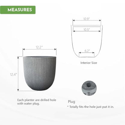 12.4"H Tapered Ribbed Lightweight Plastic Planter w/ Drainage Hole & Plug - color: Mediterranean Gray., size: 12.4in