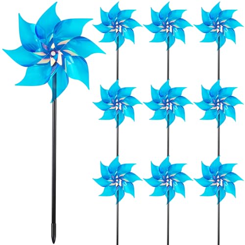 Hausse 10 Pack Reflective Pinwheels Wind Spinner, Extra Sparkly Pinwheel with Stakes, Bird Repellent Blinder Devices Deterrent to Scare Birds Away from Yard Patio Farm Garden, Transparent Blue - color: Transparent Blue